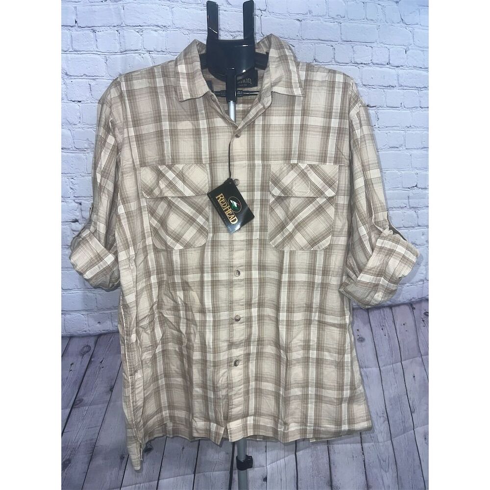 RedHead Men's XL Plaid Button-Up Shirt Tan/White Long Sleeve Casual